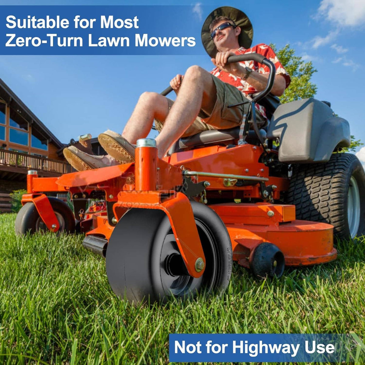 Flat-free front mower tire set mounted on a zero-turn mower