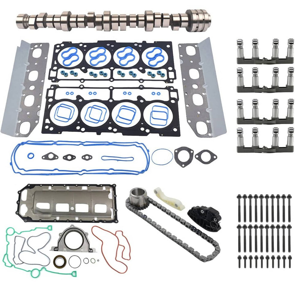 Camshaft timing kit with gasket set, valve cover plates, bolts, and guide tools