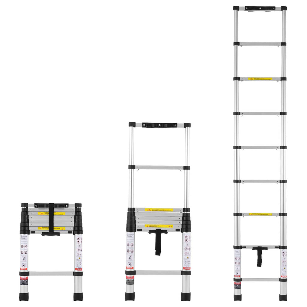 Telescoping extension ladder with silver rails, black locking bars, and yellow safety stripes