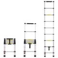 Telescoping extension ladder with silver rails, black locking bars, and yellow safety stripes