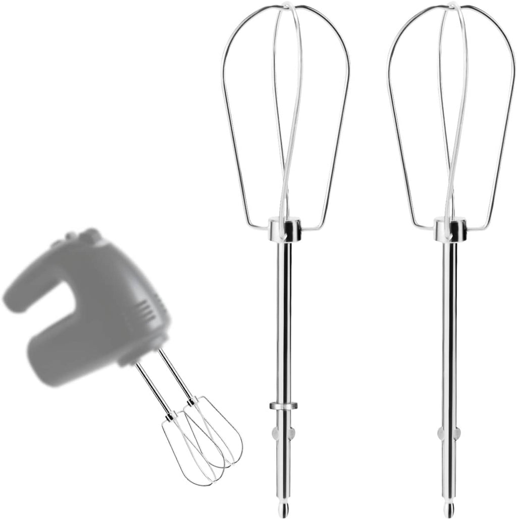 Two stainless steel beater attachments with wire whisk heads and chrome plug-in stems