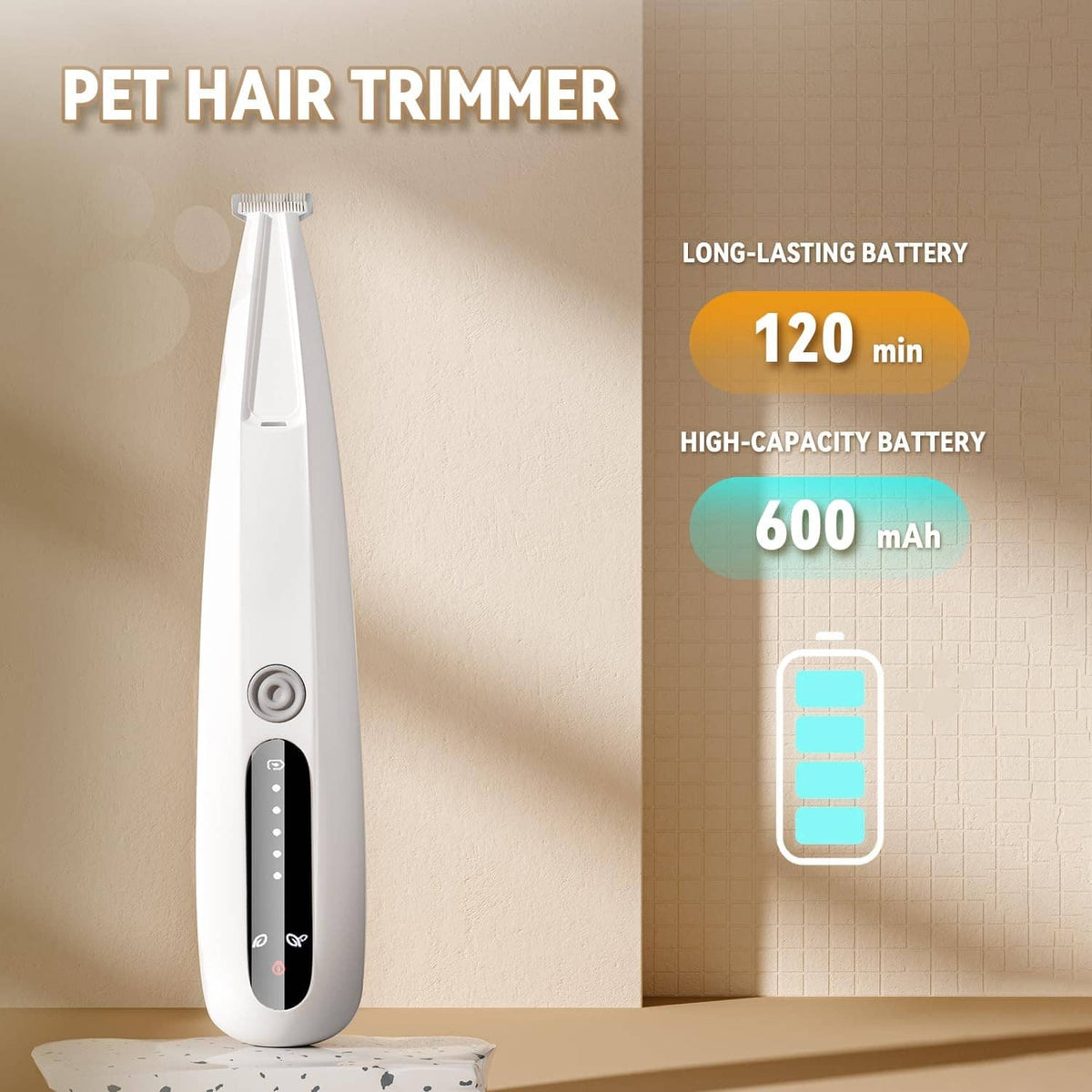 White pet hair trimmer standing upright with long-lasting battery indicators