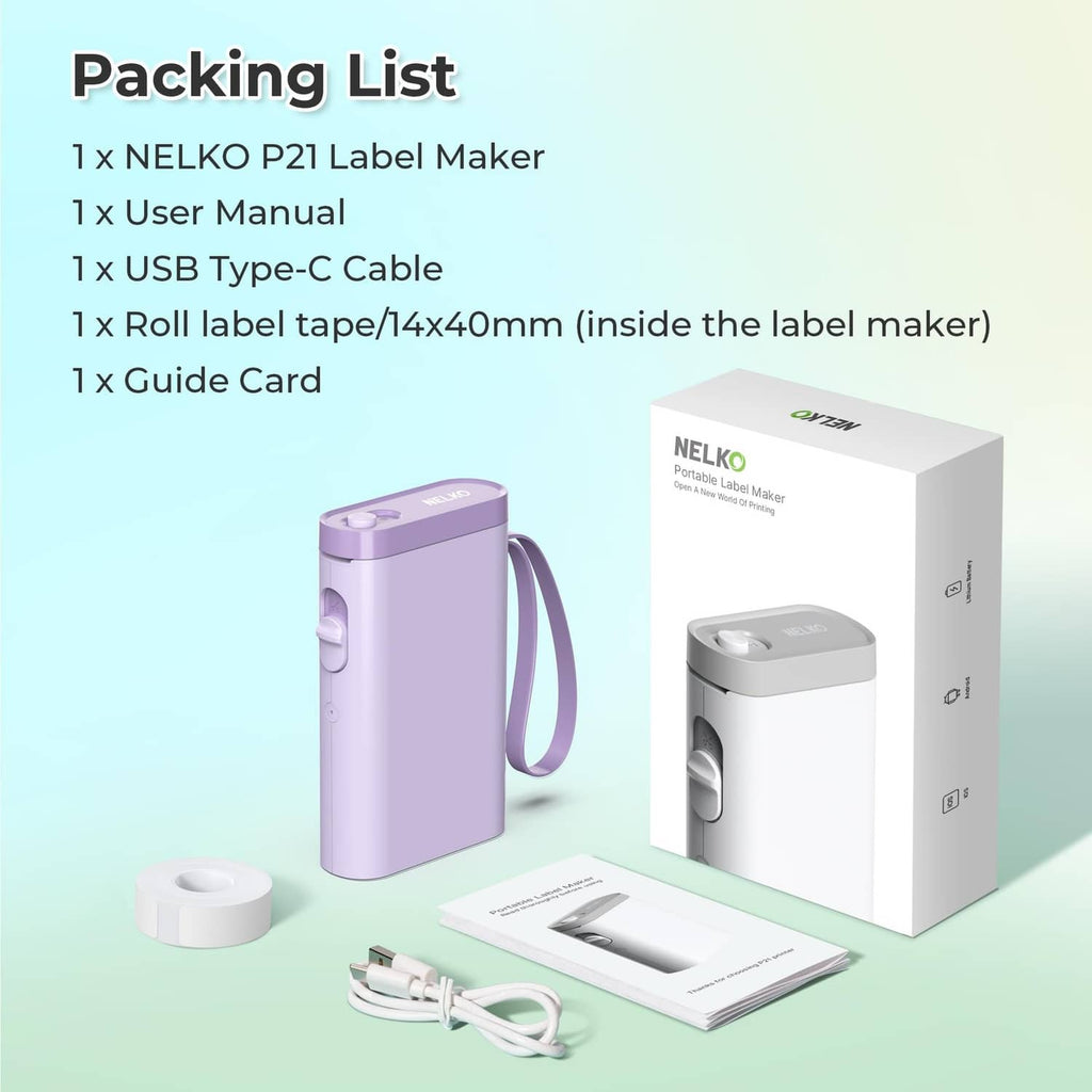 Purple Nelko P21 label maker kit with user manual, USB cable, and label tape roll