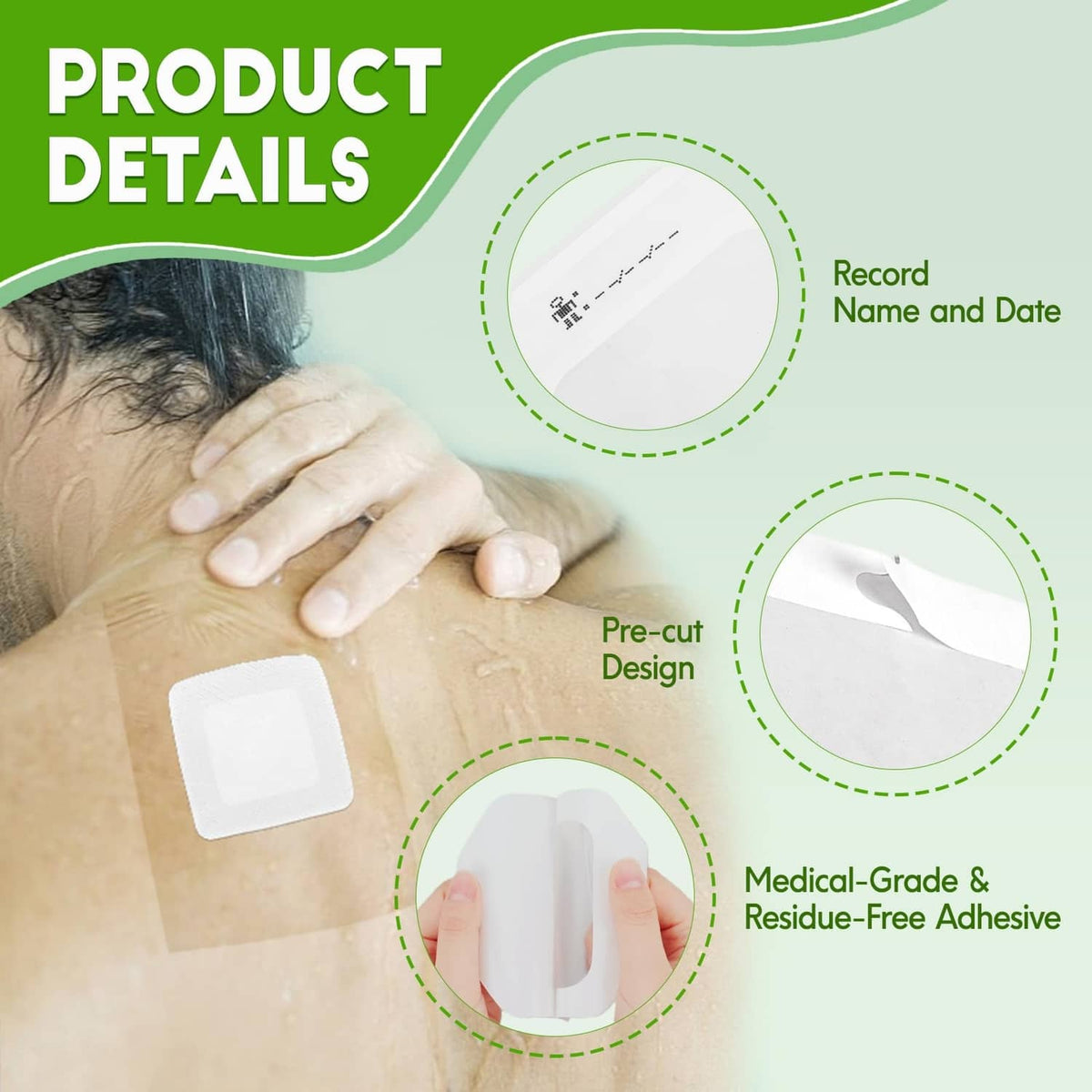Transparent film dressing being applied on skin by hands, medical patch
