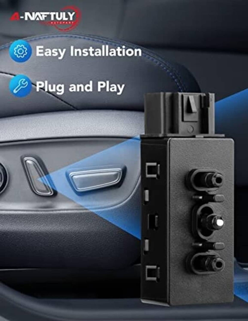 Power seat switch module positioned next to vehicle seat interior controls