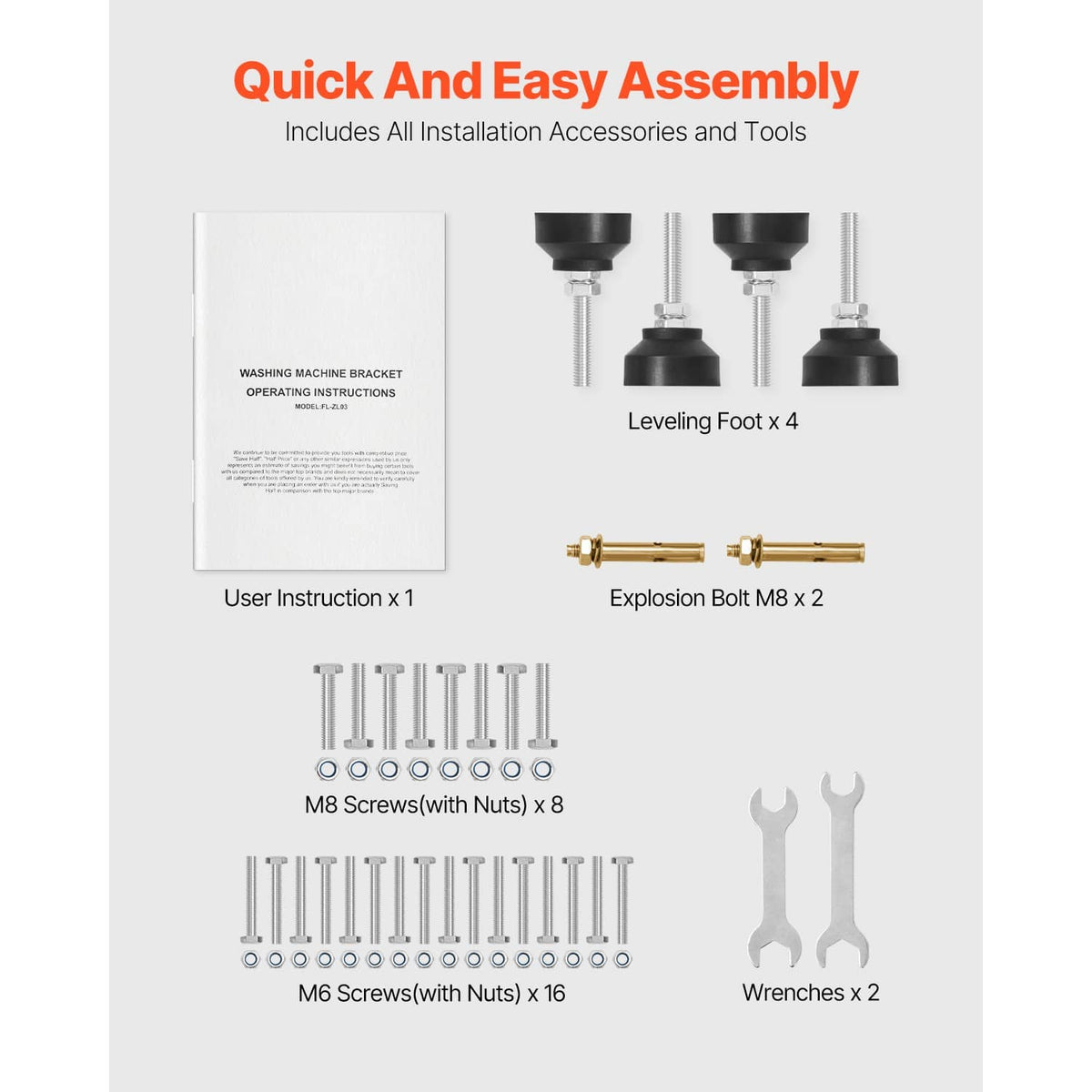 White metal laundry machine stand with leveling feet and included assembly hardware