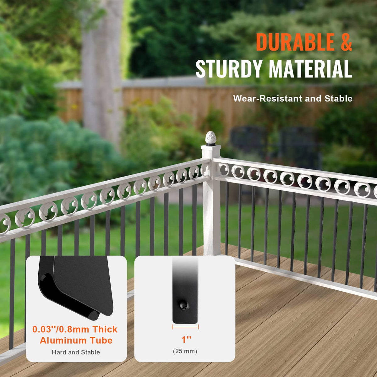 Matte black aluminum baluster spindles for outdoor railing, decorative top rail detail