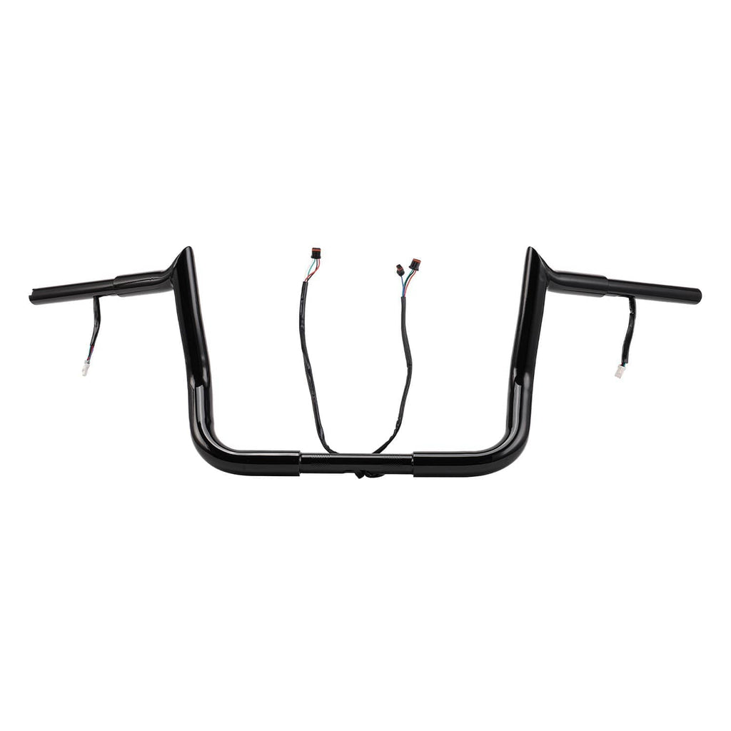 Gloss black pre-wired handlebar with raised bends and exposed wiring ends
