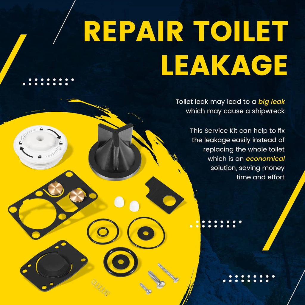 Marine toilet repair service kit parts with black valve pieces, springs, and O-rings