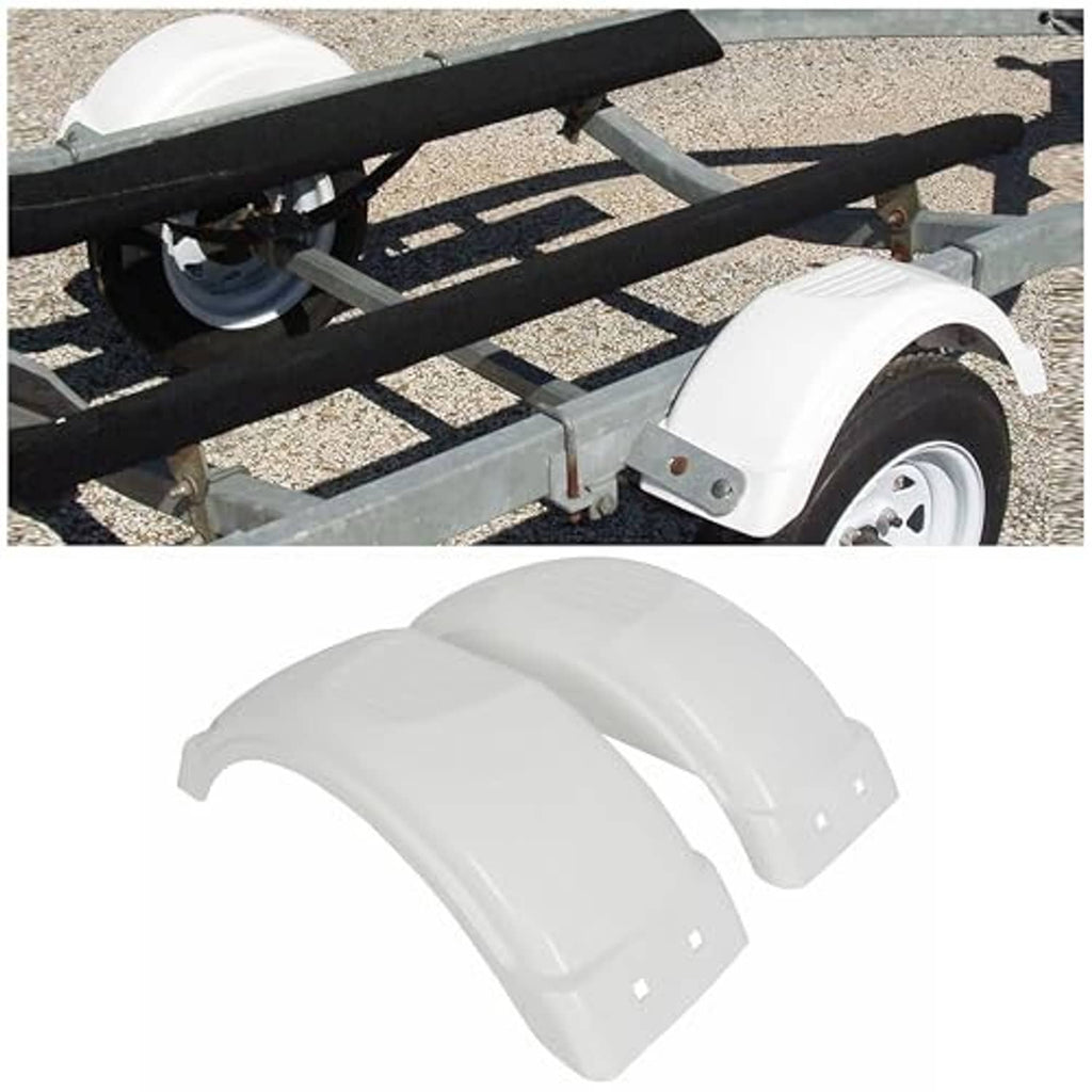 Set of two white plastic trailer fenders, curved covers for single-axle tires
