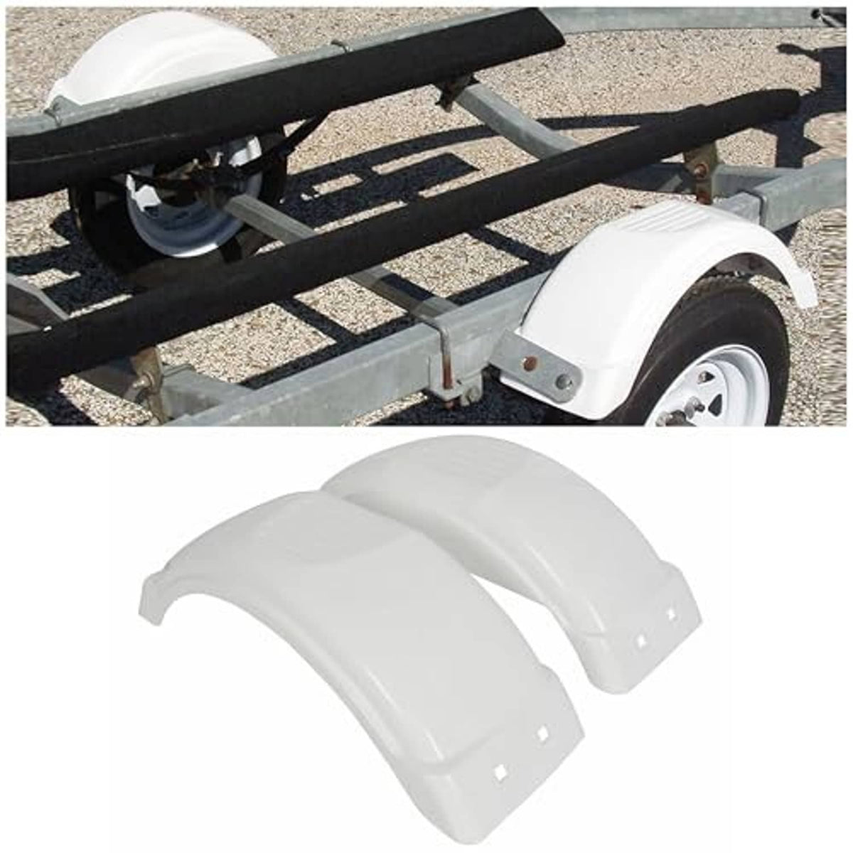 Set of two white plastic trailer fenders, curved covers for single-axle tires