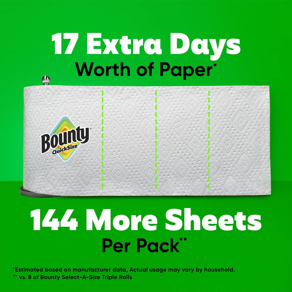 Bounty Quick-Size white paper towel pack with multiple sheets shown