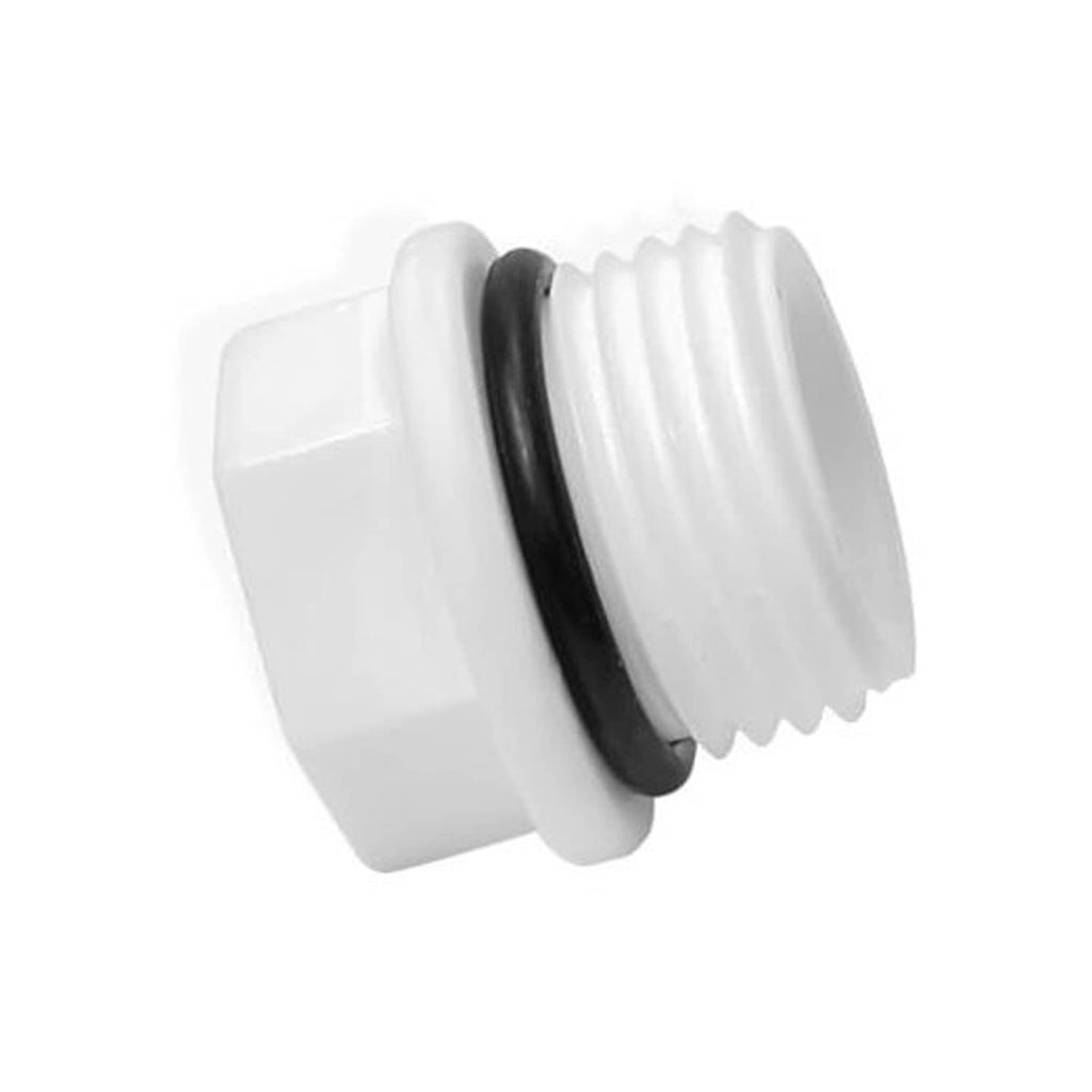 White PVC male threaded plug end cap with black gasket, 3/4 in