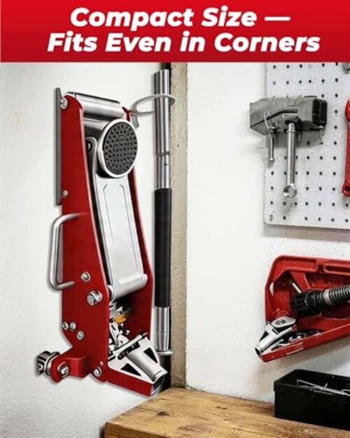 Wall-mounted jack stand storage rack on corner wall with red floor jack stand