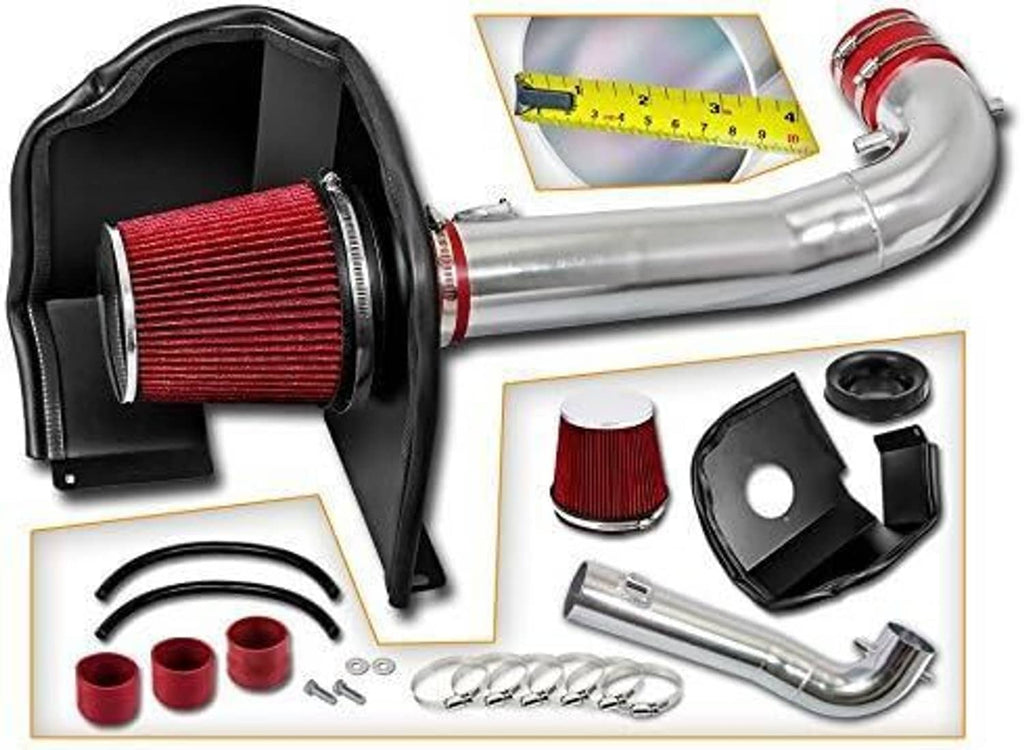 Cold air intake system kit with red cone air filter, silver intake tube, and mounting accessories