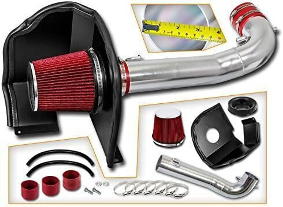 Cold air intake system kit with red cone air filter, silver intake tube, and mounting accessories