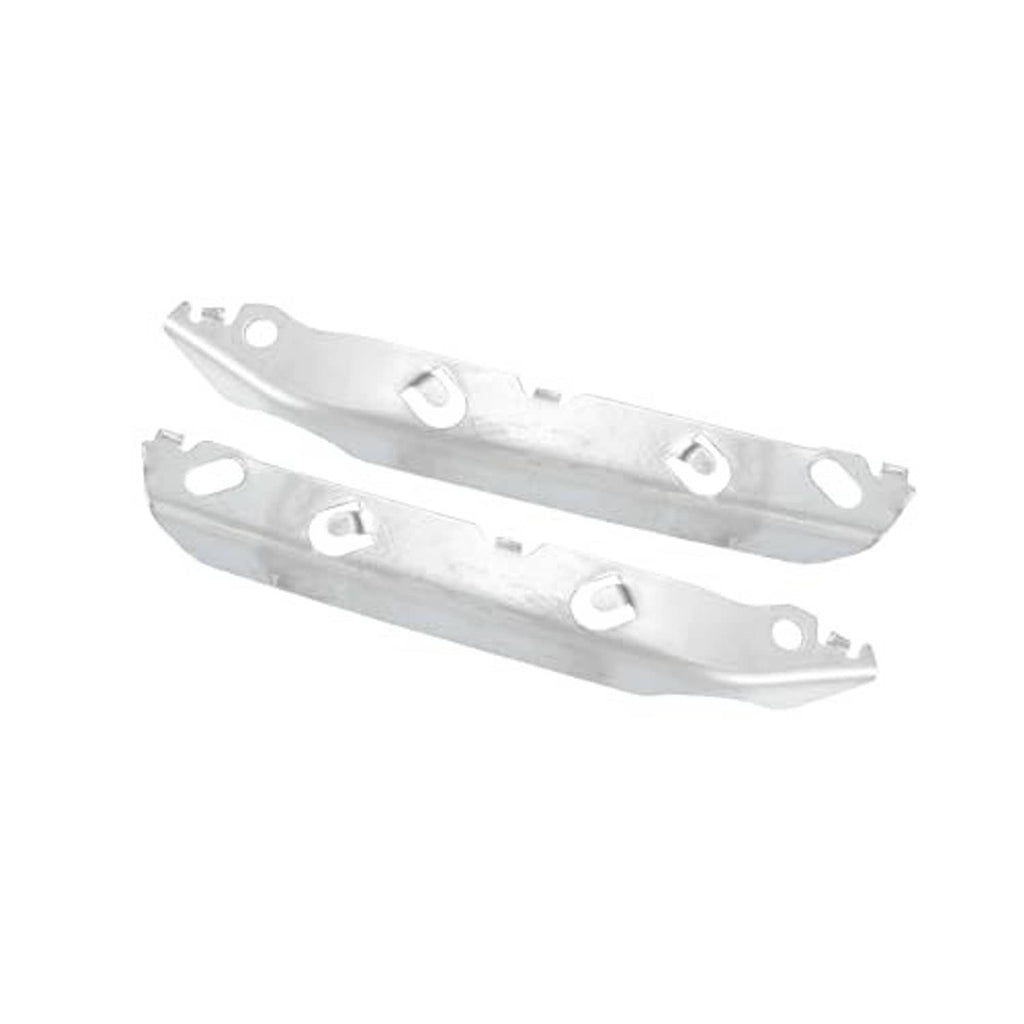 Front bumper mounting support brackets pair, silver metal with cutouts and bolt holes