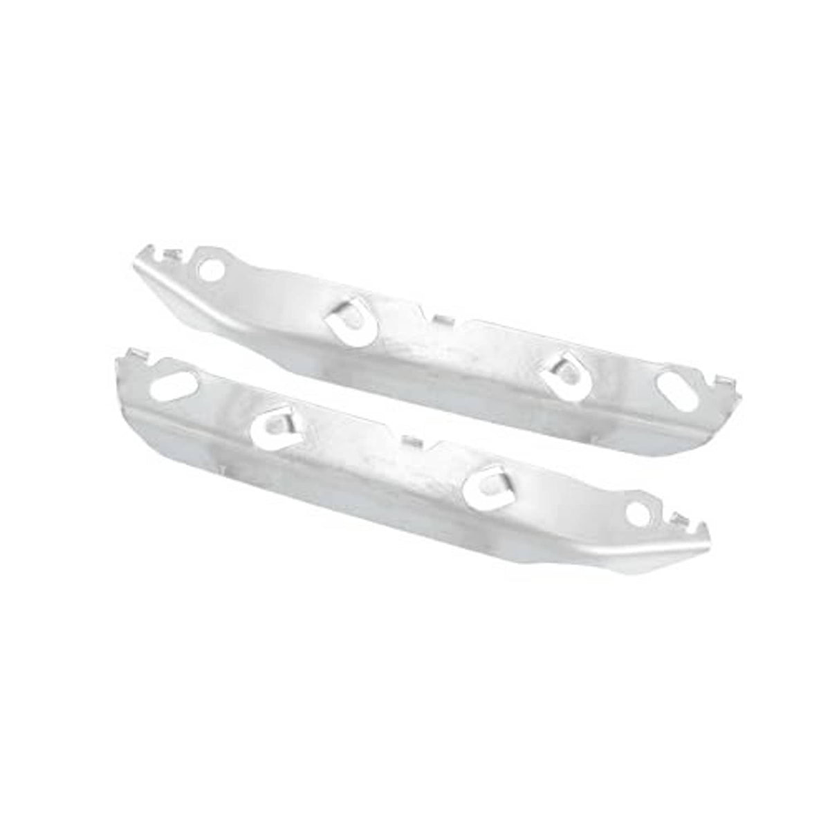 Front bumper mounting support brackets pair, silver metal with cutouts and bolt holes
