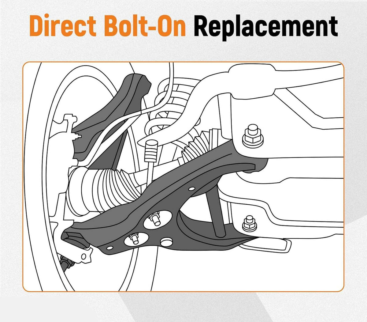 Control arm bracket showing direct bolt-on replacement hardware and mounting position