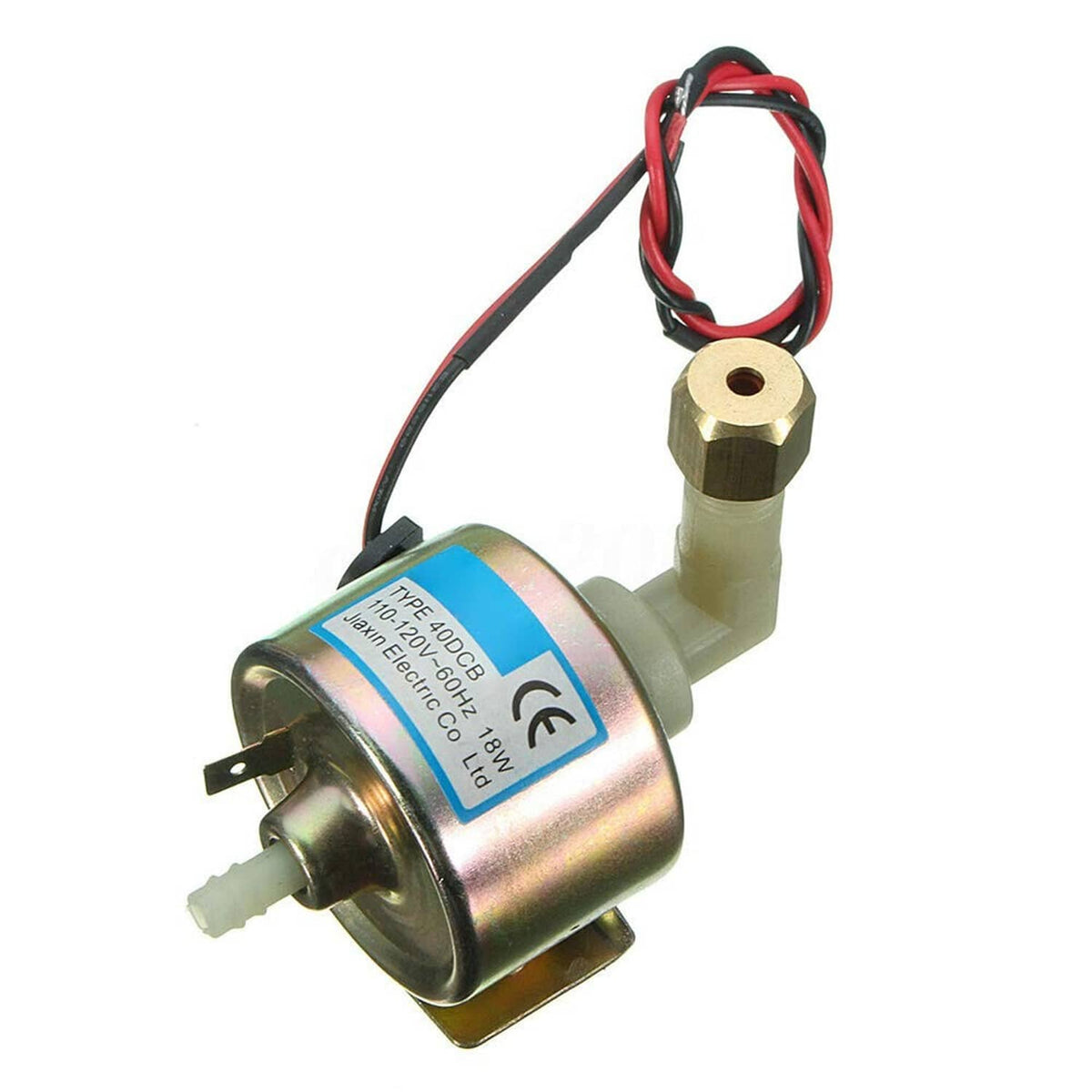 Fog smoke oil pump assembly with metal canister, brass top fitting, and wires