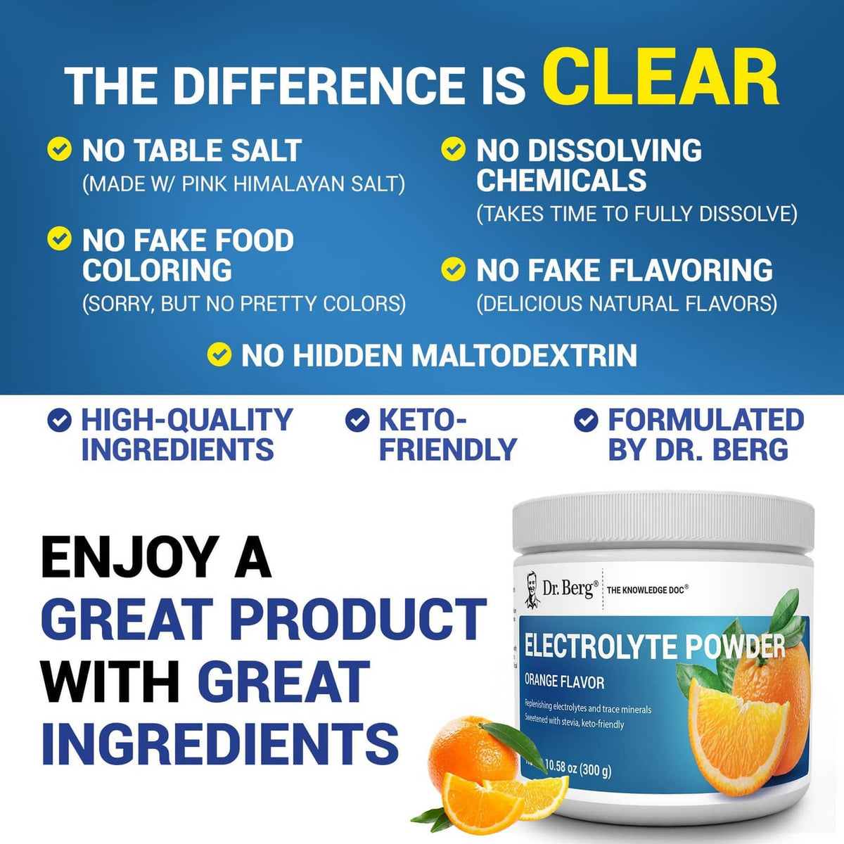 Dr. Berg electrolyte powder jar with product claims and ingredient highlights