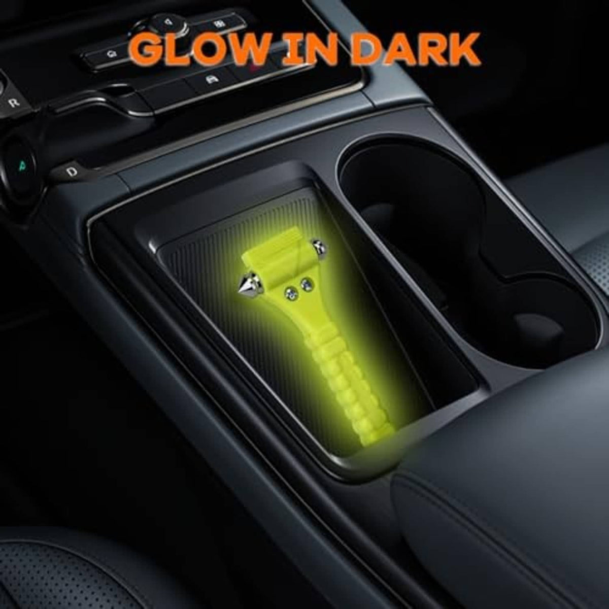 Emergency car safety hammer with glowing green body in car center console