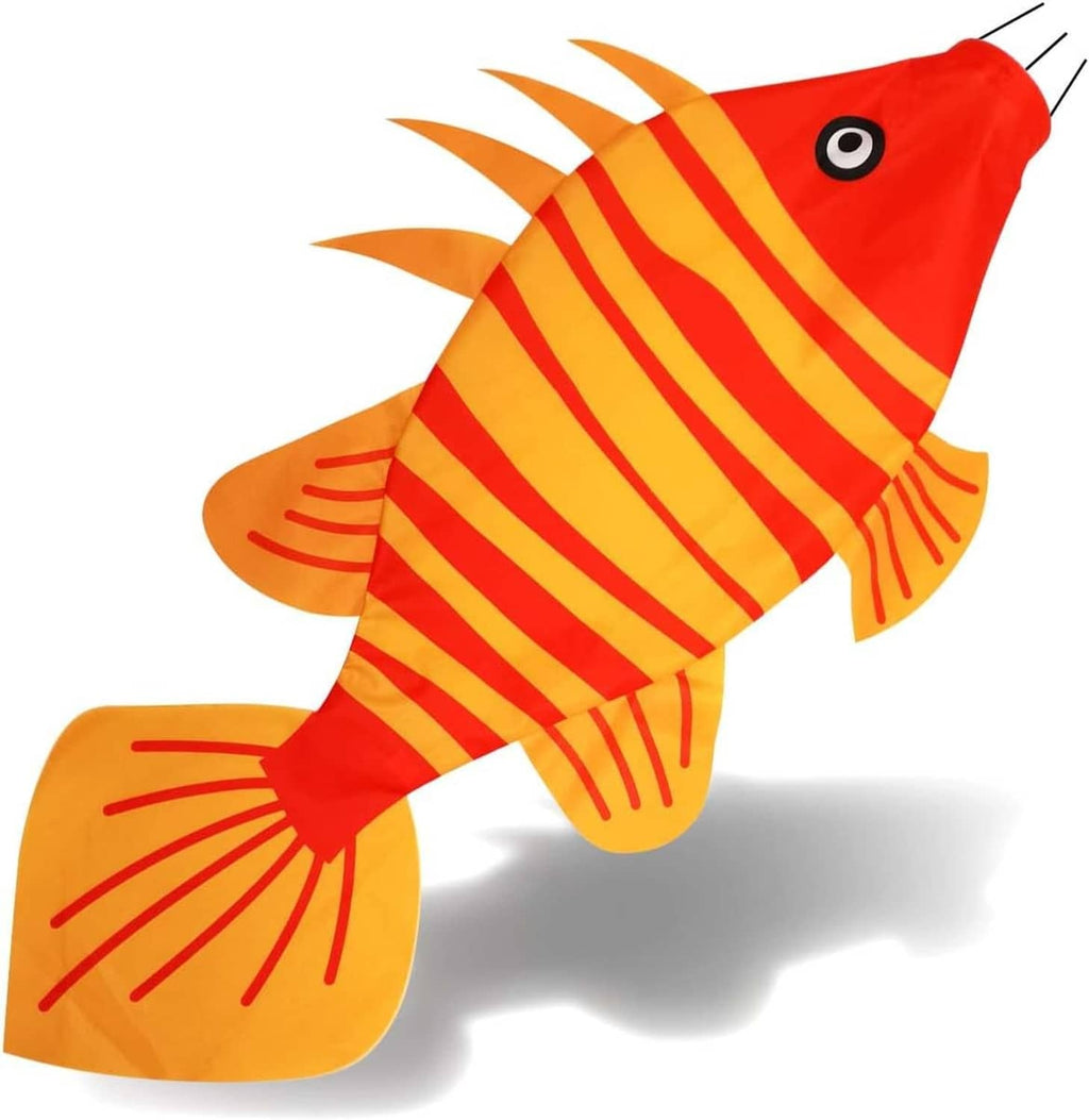 Red and orange striped fish wind sock with eye detail, long fins and tail