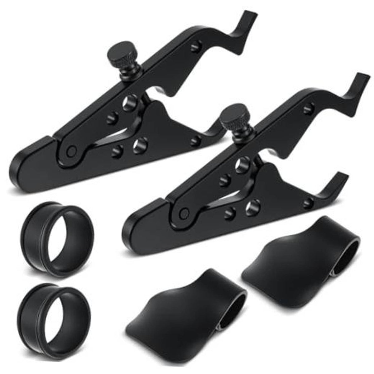 Black motorcycle throttle lock clamp with silicone rings, set of two grips