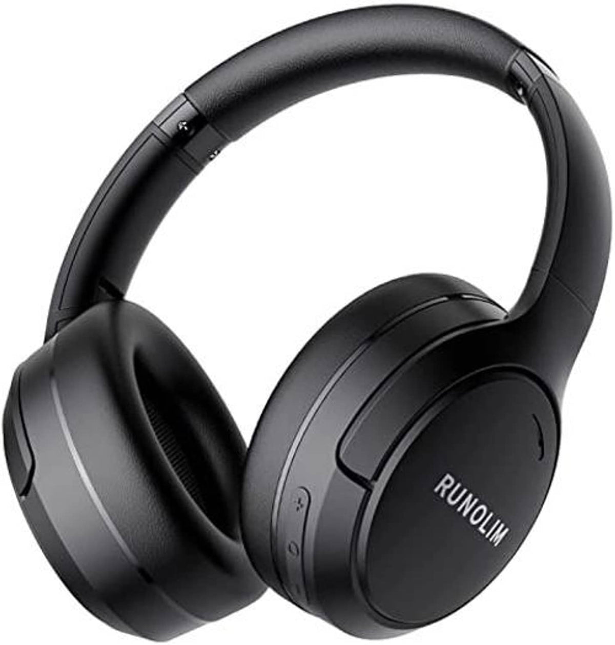 Black over-ear wireless headphones, single earcup visible with RUNOLIM branding