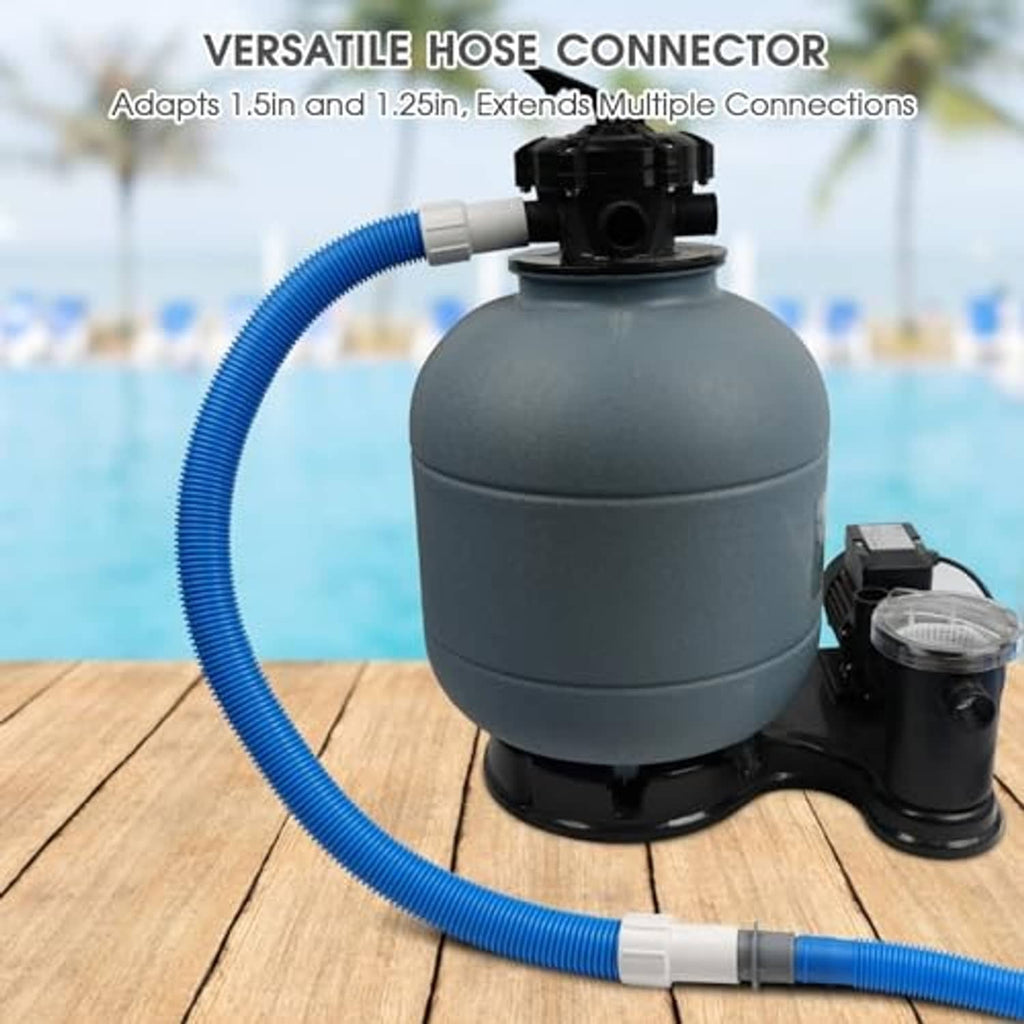 Grey pool hose connector adapter with blue corrugated hose attached to a black housing