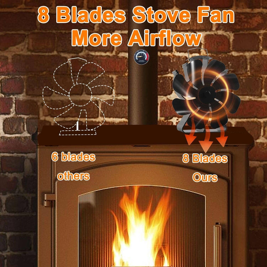 Black heat-powered stove fan with 8 blades on a wood stove