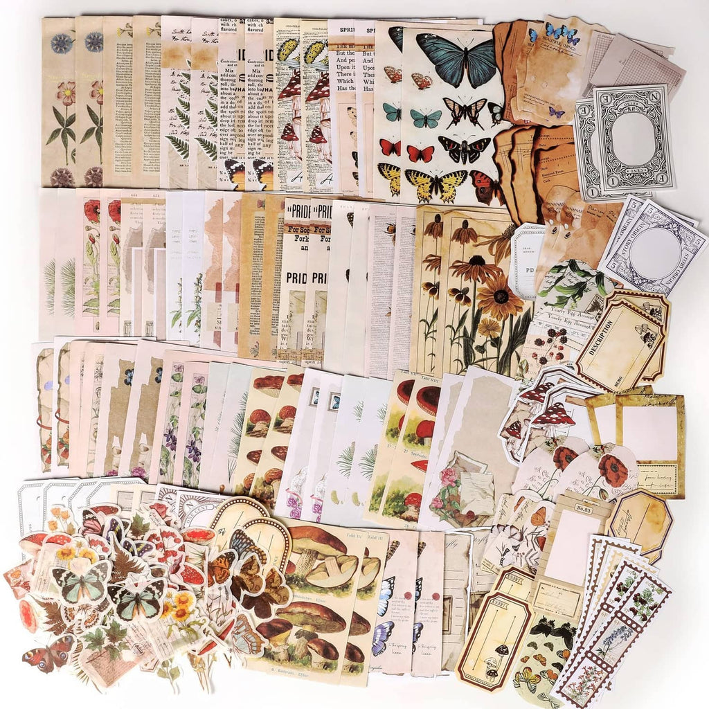 Vintage scrapbook paper and collage sticker assortment pack, butterflies and floral designs
