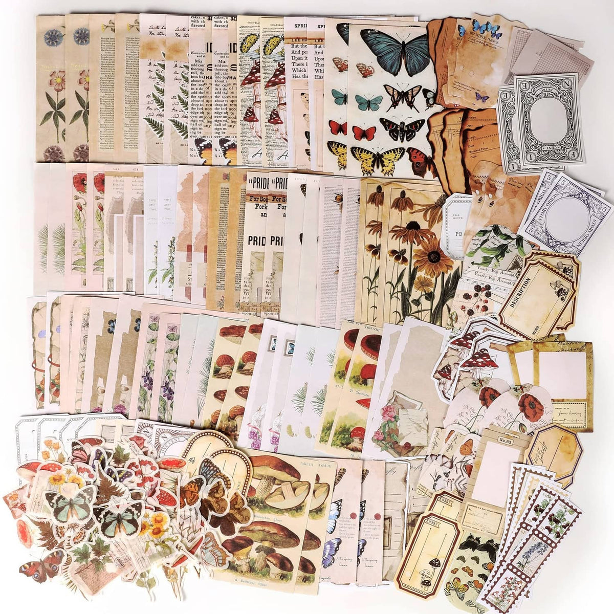 Vintage scrapbook paper and collage sticker assortment pack, butterflies and floral designs