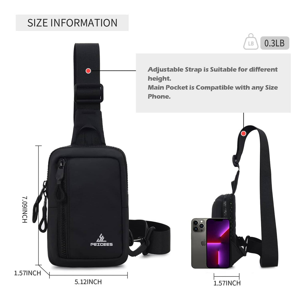 Black crossbody sling bag size diagram with adjustable strap and main zip pocket