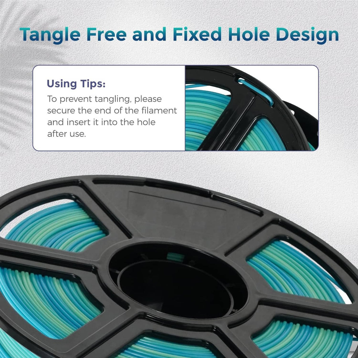 PLA filament spool close-up showing teal-blue gradient filament on black reel