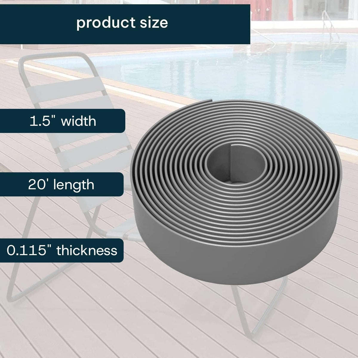 Gray vinyl strap roll showing 1.5 in width and 20 ft length