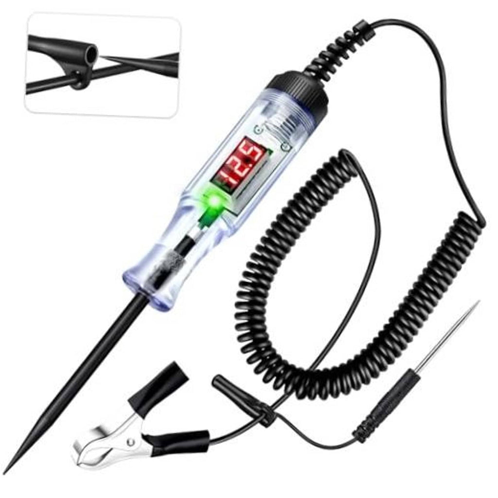 DC LED digital circuit tester with clear body, red/green display, coiled cord, probes