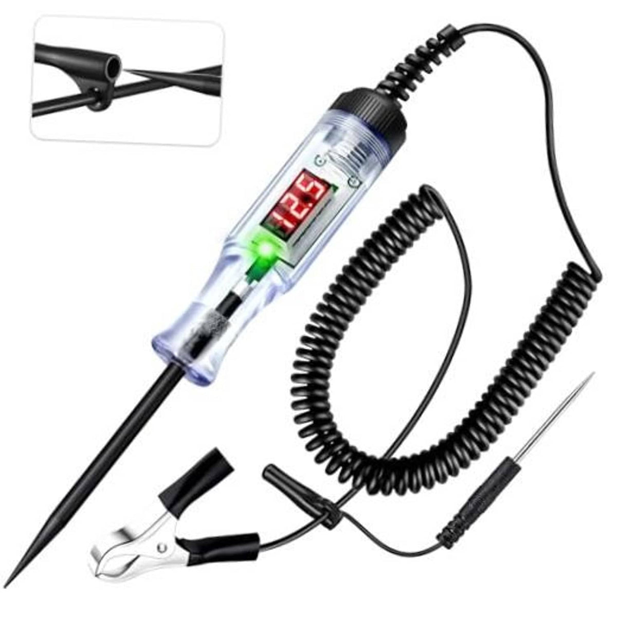DC LED digital circuit tester with clear body, red/green display, coiled cord, probes