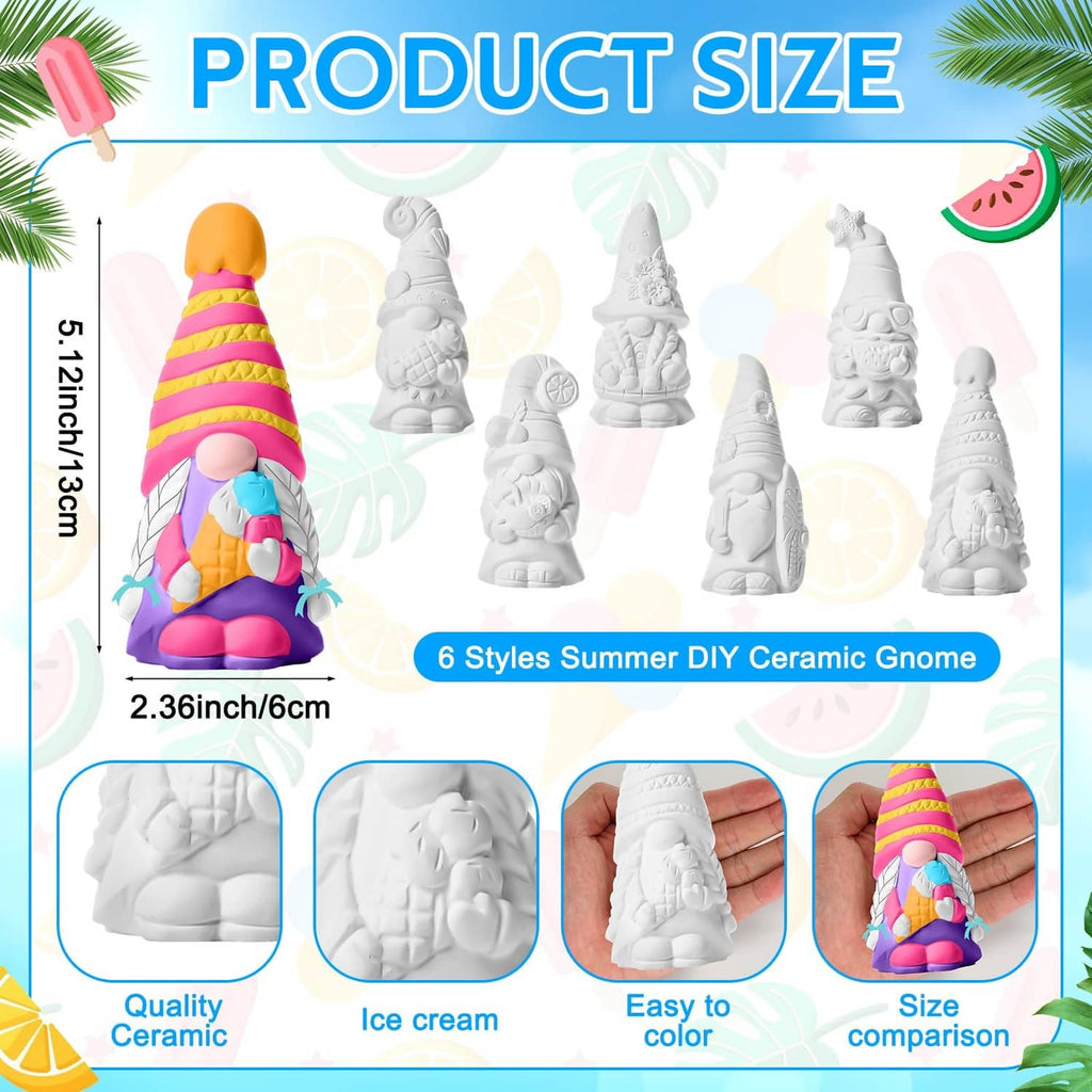 Unpainted white ceramic summer gnome figurines shown in different heights