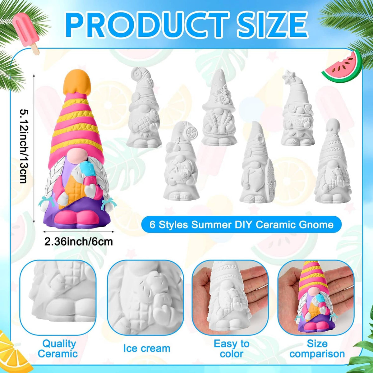 Unpainted white ceramic summer gnome figurines shown in different heights