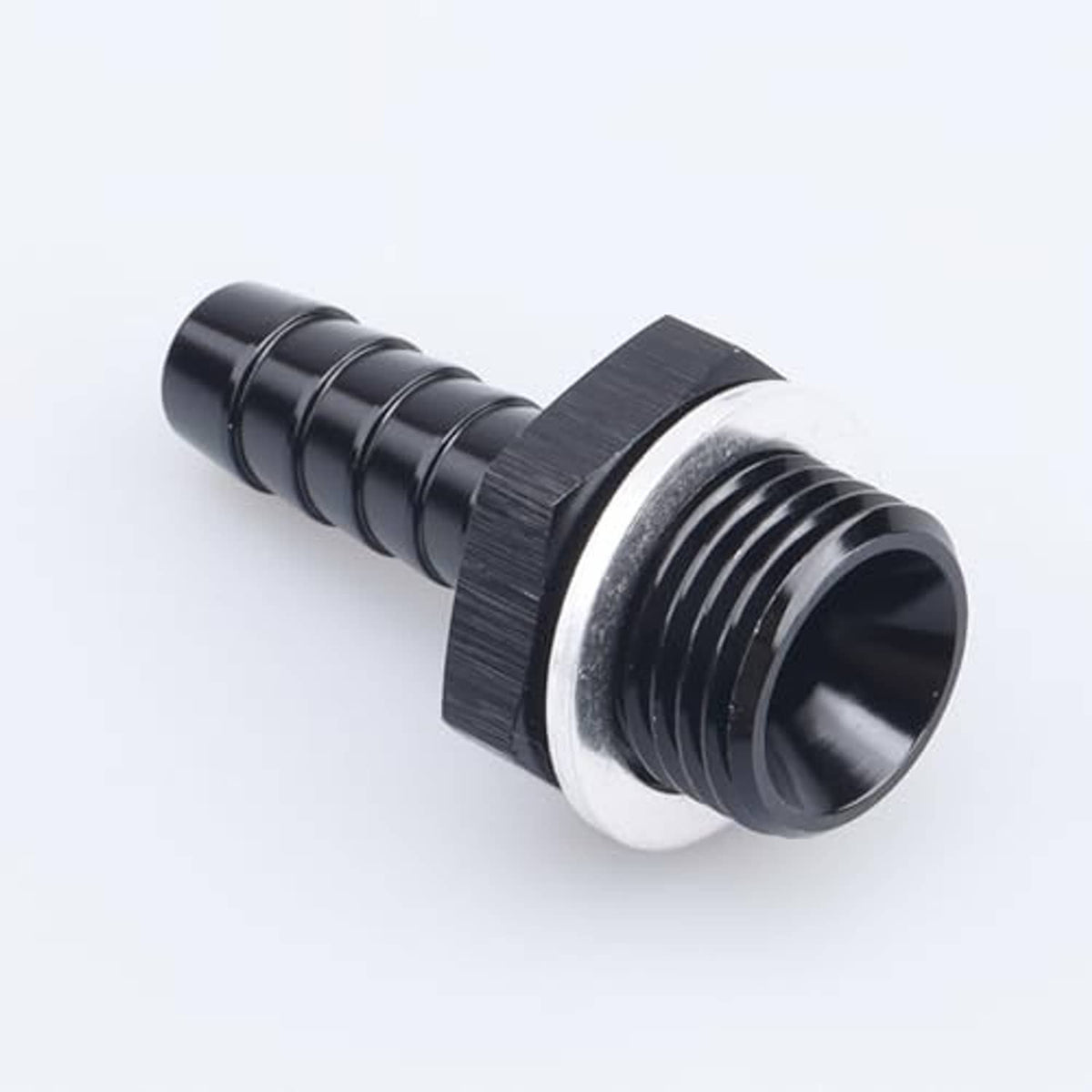 Straight black male metric barb fitting, angled view of barbed connector