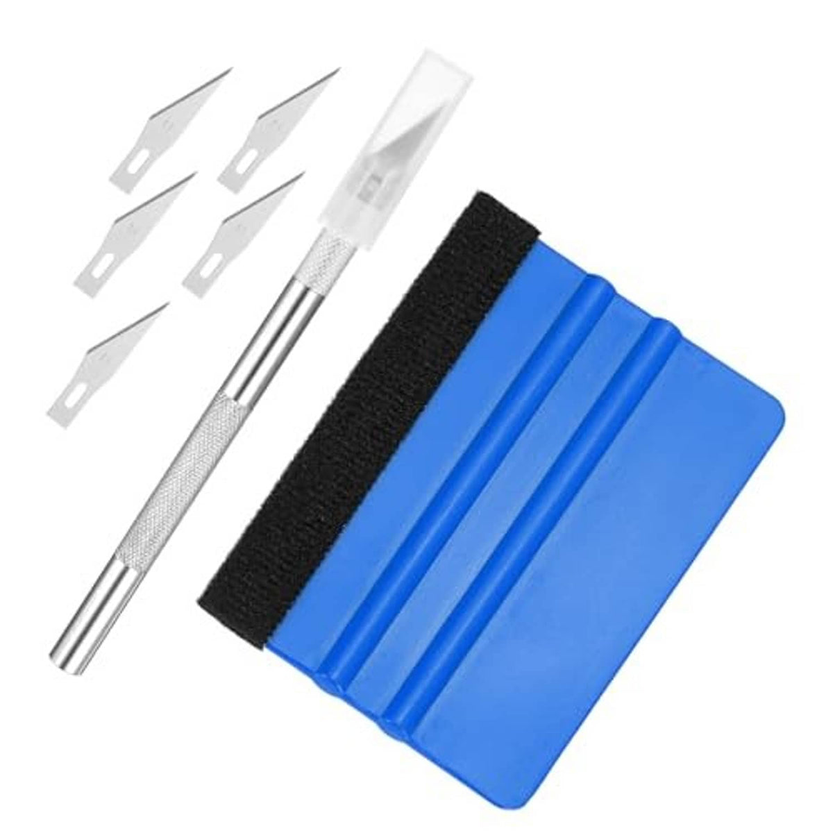 Vinyl squeegee tool with black felt edge and chrome scraper blades, blue pad