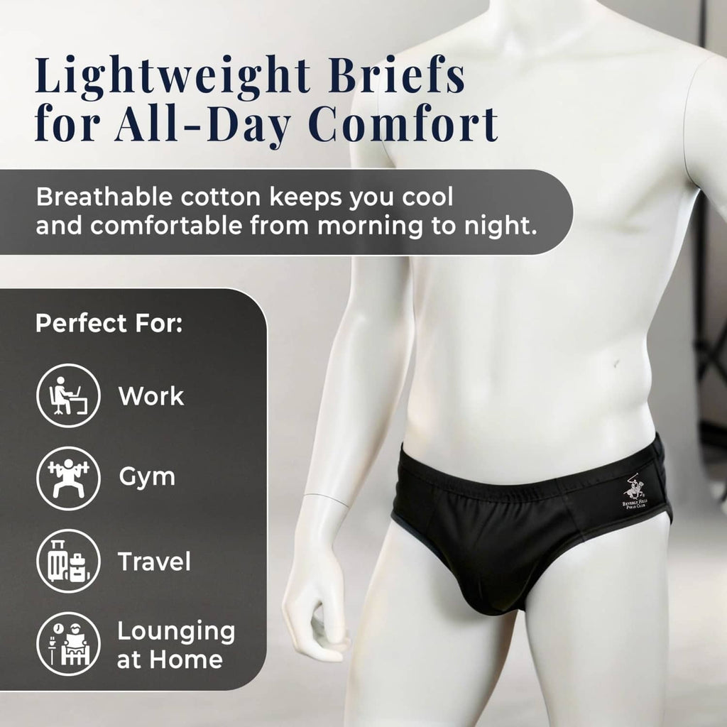 Men's low-rise cotton briefs in black on a mannequin