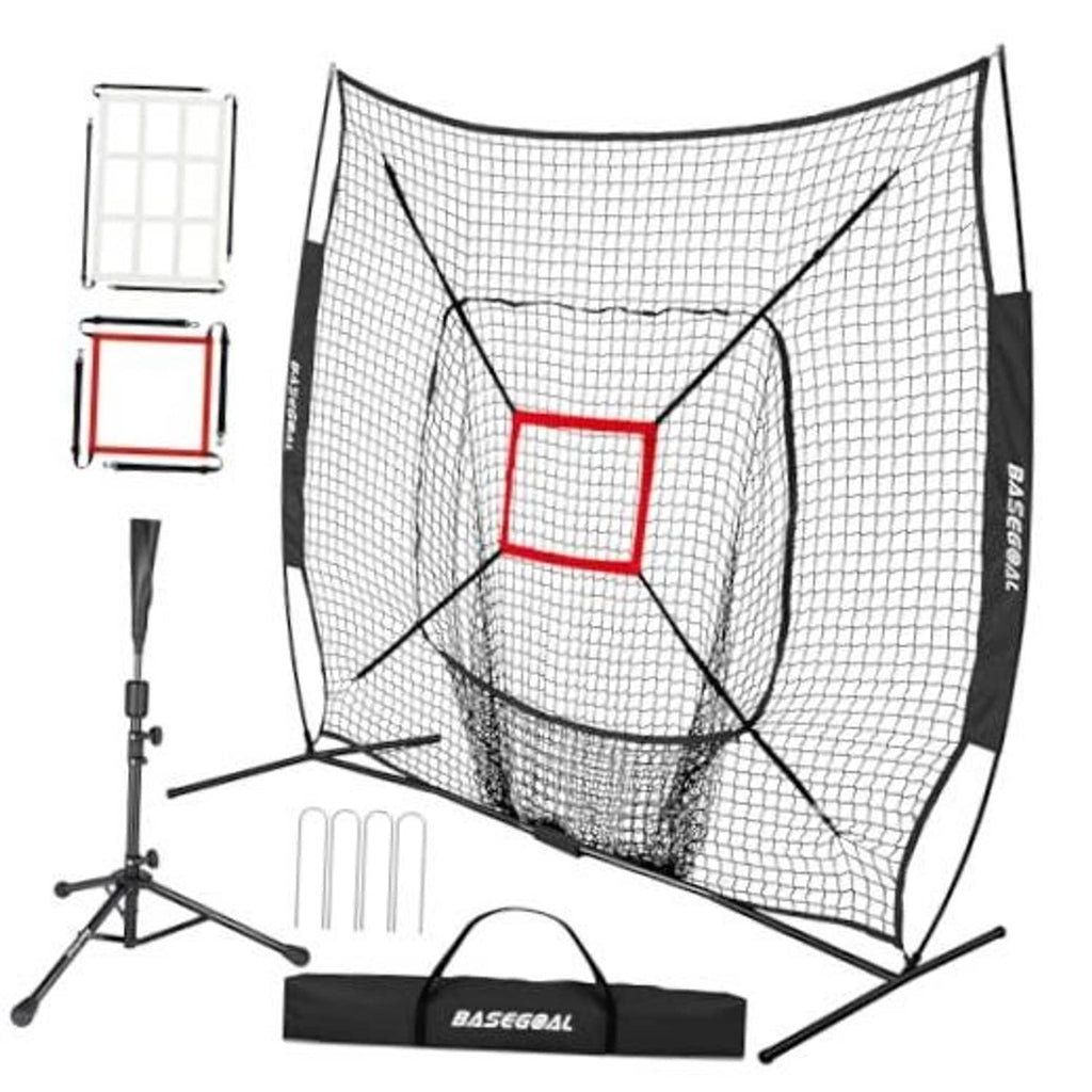Baseball practice net with red strike zone target and black mesh backstop, arched frame