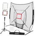 Baseball practice net with red strike zone target and black mesh backstop, arched frame