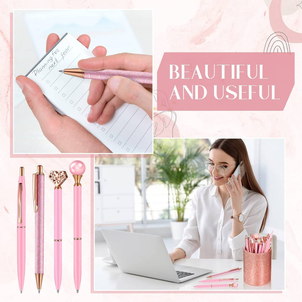 Pink ballpoint pens set with glitter barrels, shown writing-ready ballpoint tip and grip