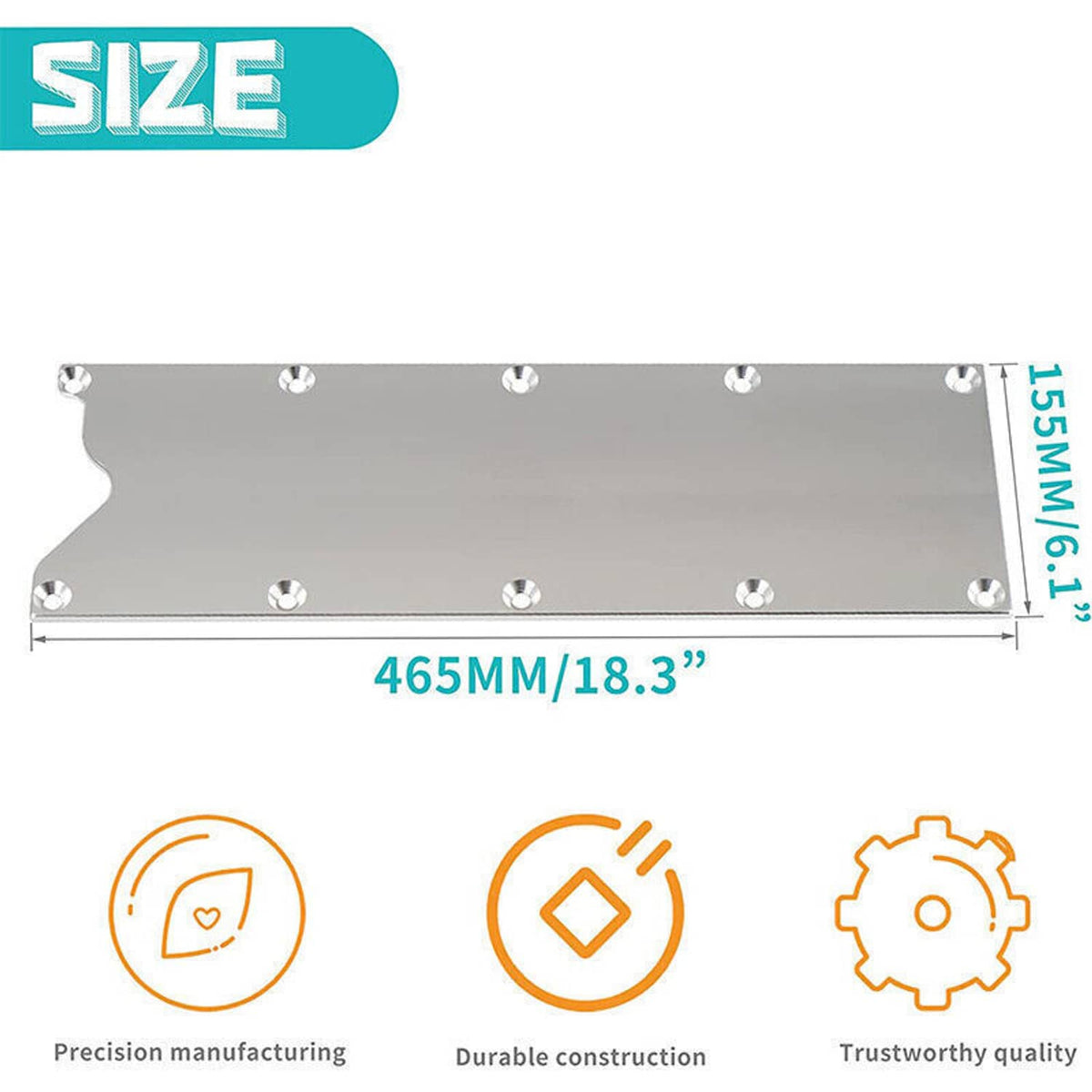 Billet aluminum valley pan cover plate with mounting holes; size 465mm x 115mm