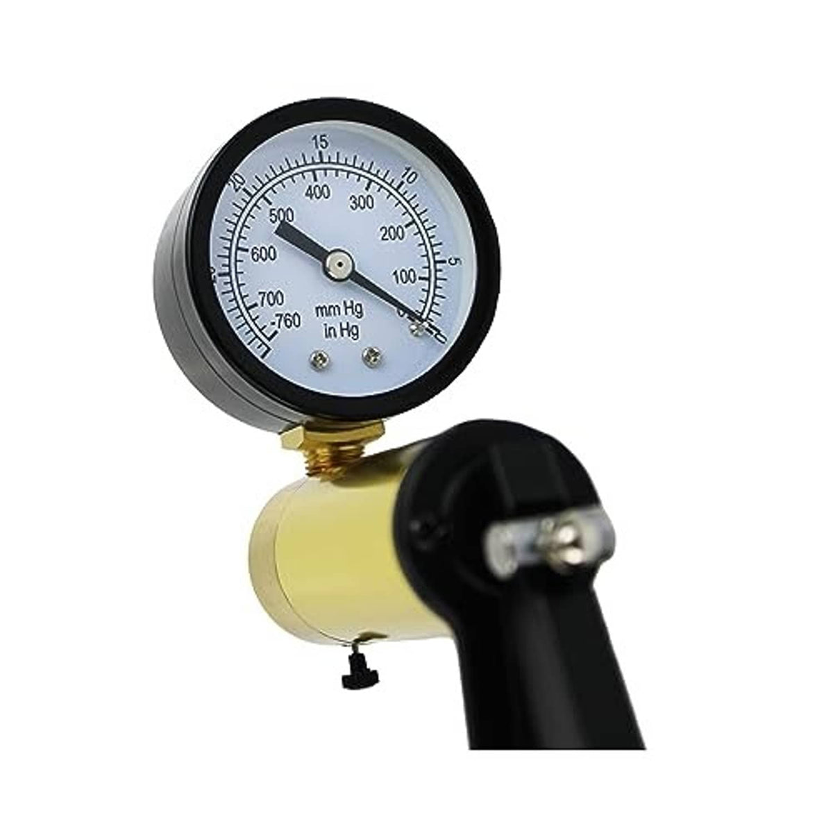 Handheld vacuum pump gauge with brass pump body and black handle