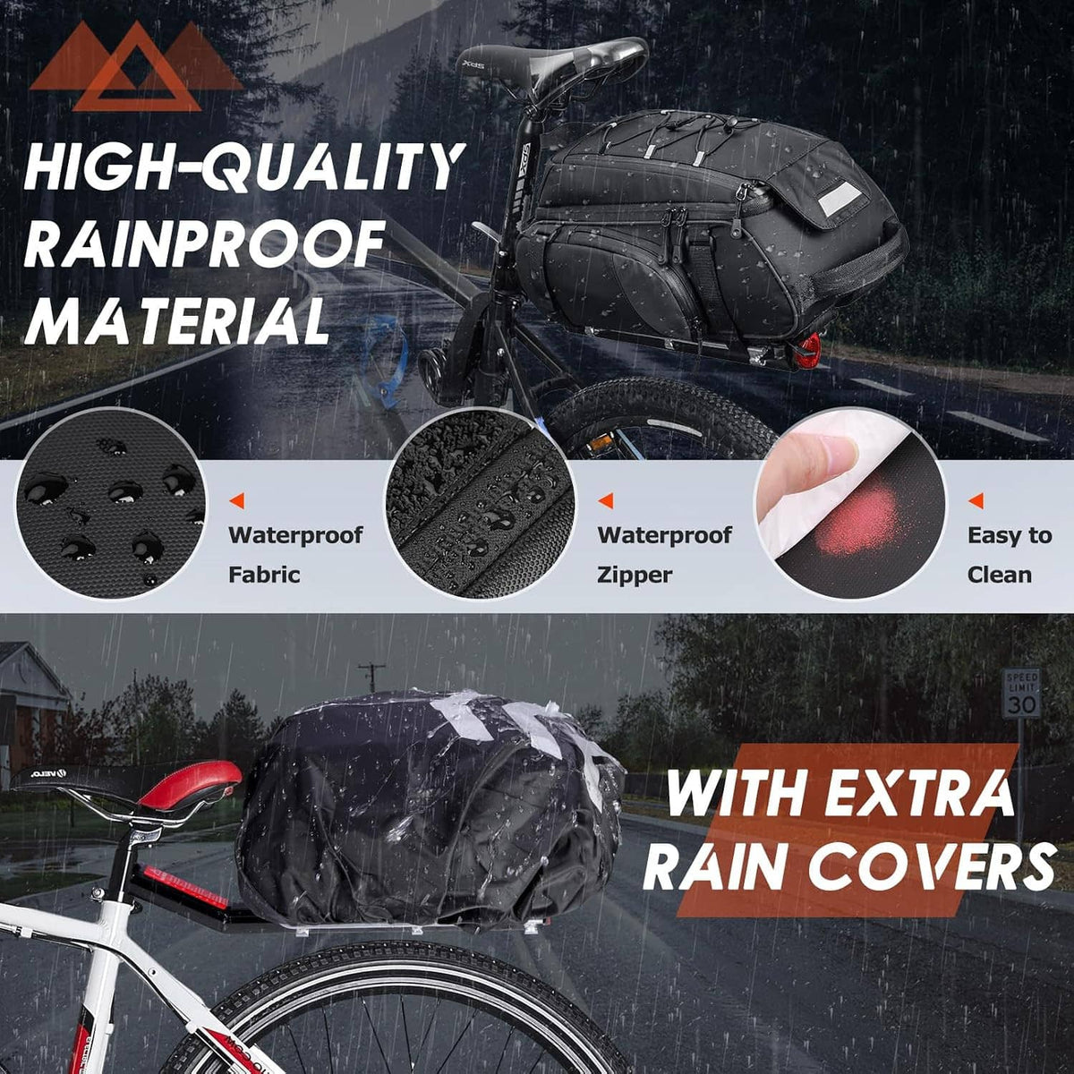 Black waterproof bicycle trunk bag with zip closure and included rain cover