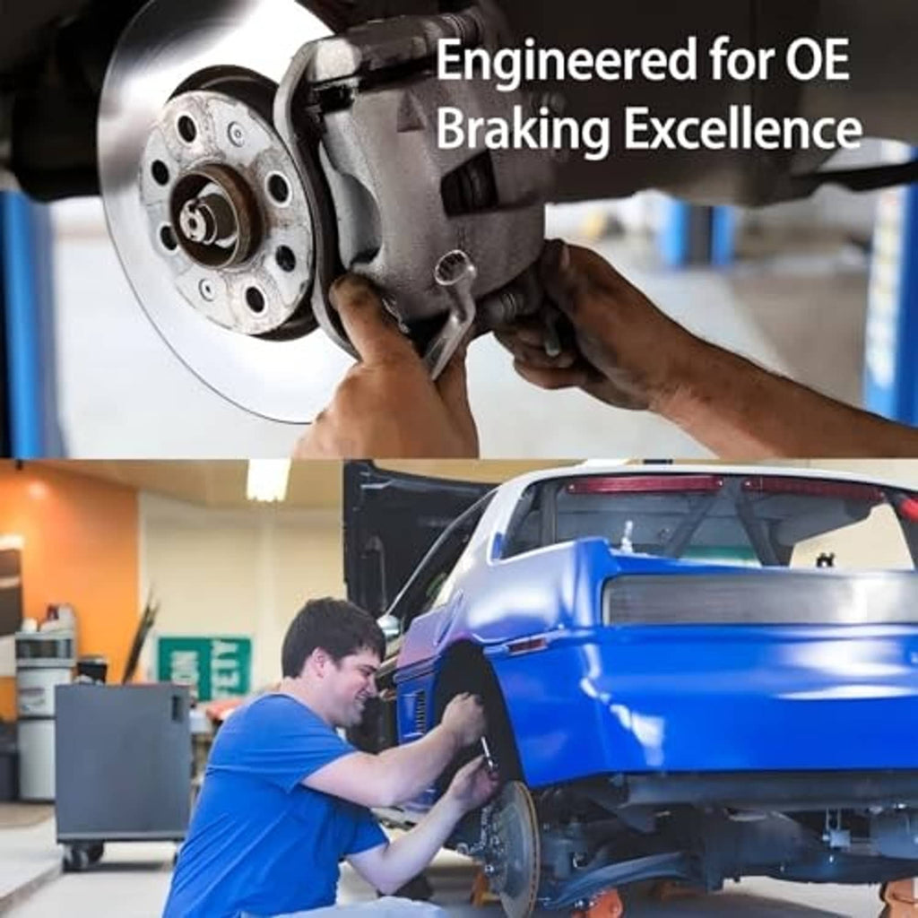 Ceramic brake pads being installed near a vehicle brake rotor, black backing plates